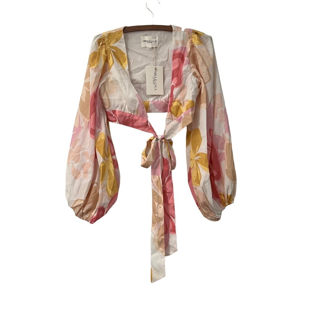 Mika Gala Lilywhyt Pink Yellow Floral Cropped Balloon Sleeve Wrap Top SZ XS NEW